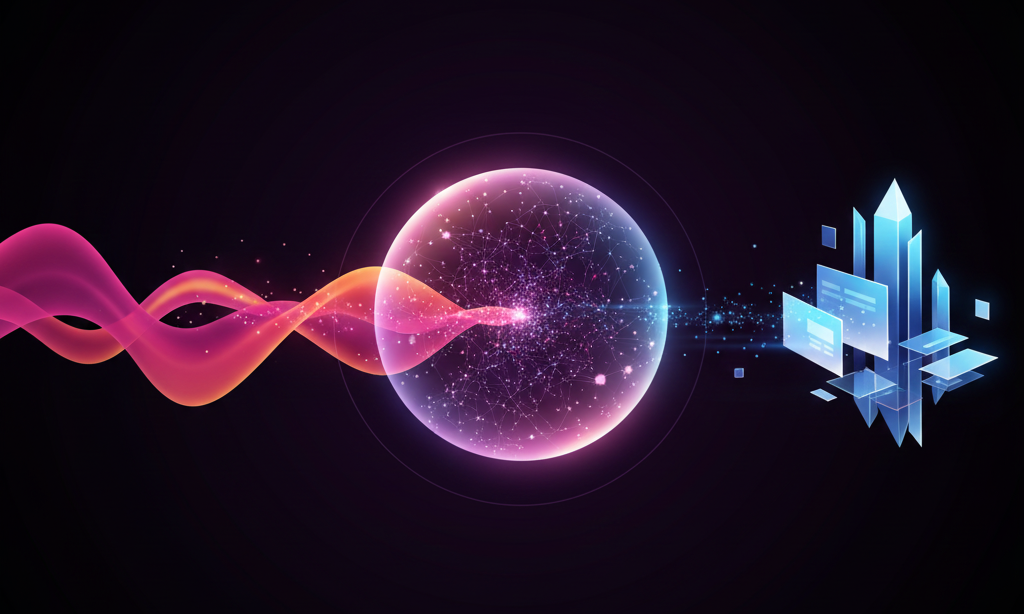 Audio waves transforming into organized meeting notes through AI